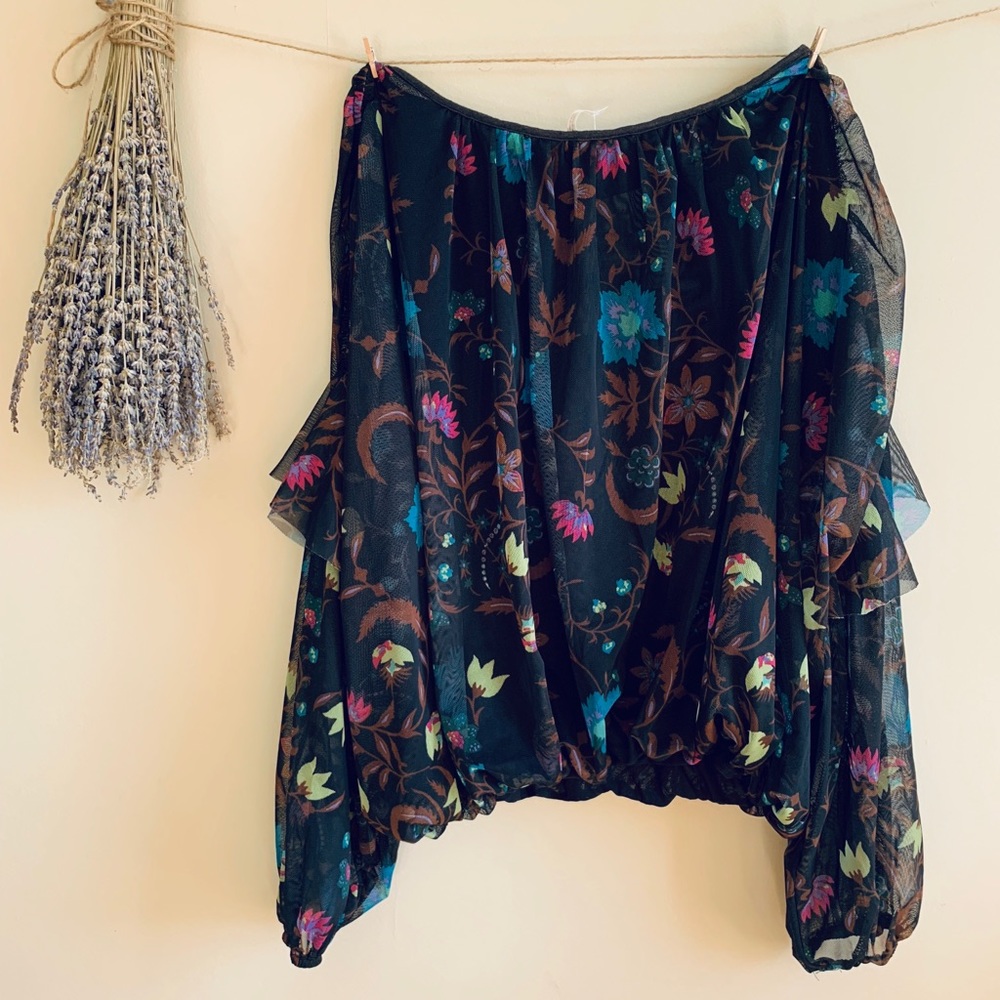 Free People Floral Print Mesh Blouse